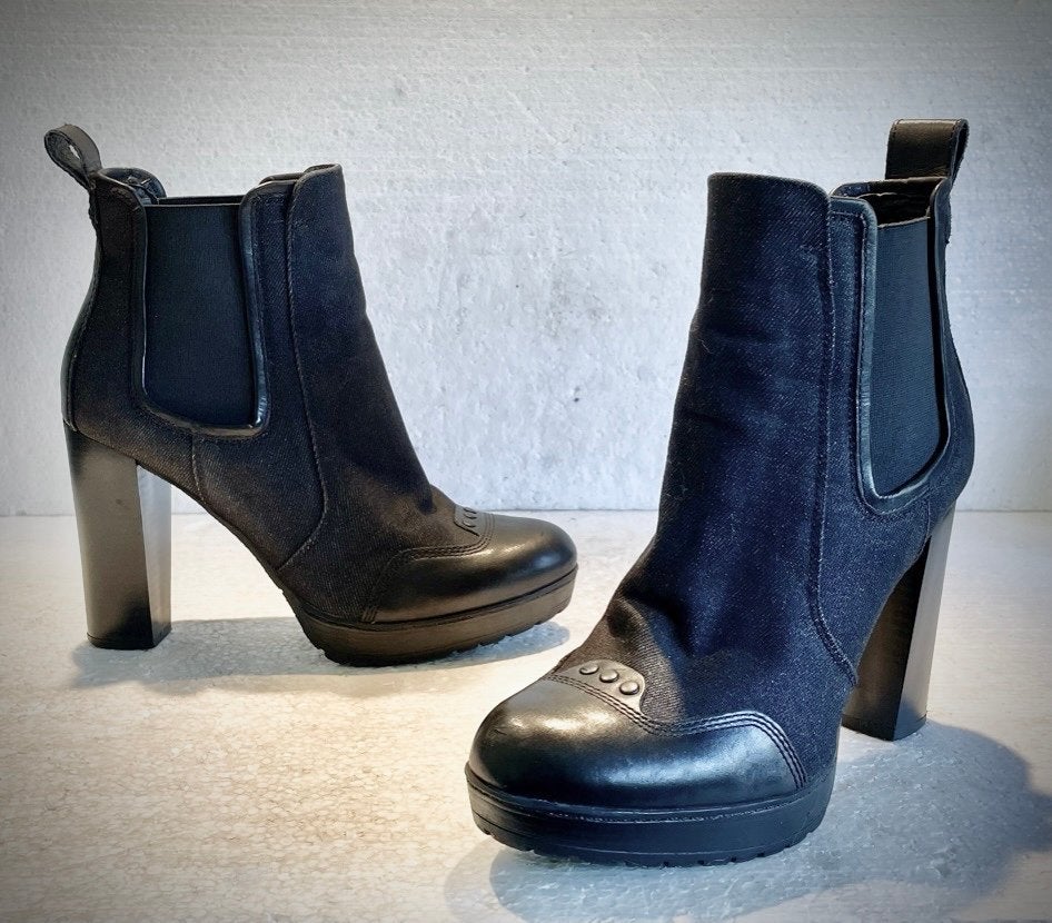 G Star Raw design hakken / enkel laarzen leer + denim 38, Ophalen of Verzenden, Blauw, Schoenen met hoge hakken
