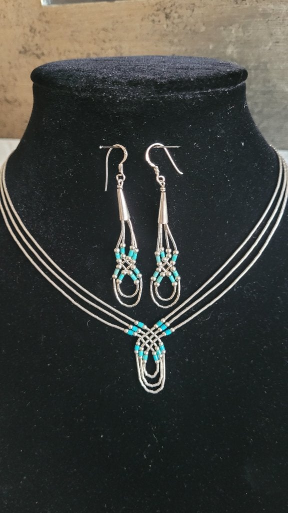 Navajo liquid silver turkoois ketting oorbellen 925 zilver, Ophalen of Verzenden, Zo goed als nieuw, Met edelsteen, Zilver