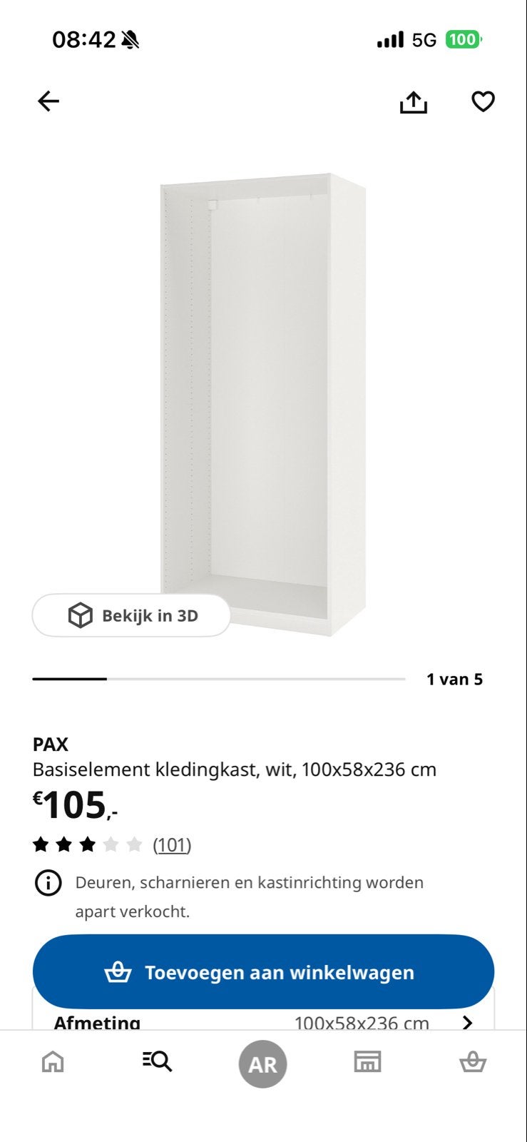 IKEA PAX Basiselement Kledingkast Wit 100x58x236 cm, Ophalen, Met plank(en), 200 cm of meer, 50 tot 100 cm