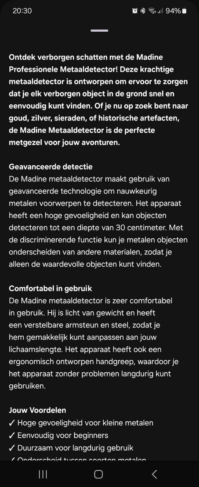 Te koop Madine metaaldetector, Overige merken, Instelbare gevoeligheid, Ophalen of Verzenden, Zo goed als nieuw