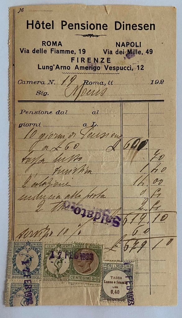 1923 Italiaanse hotelrekening fiscaalzegels, Postzegels en Munten, Verzenden, Gestempeld, Overige thema's