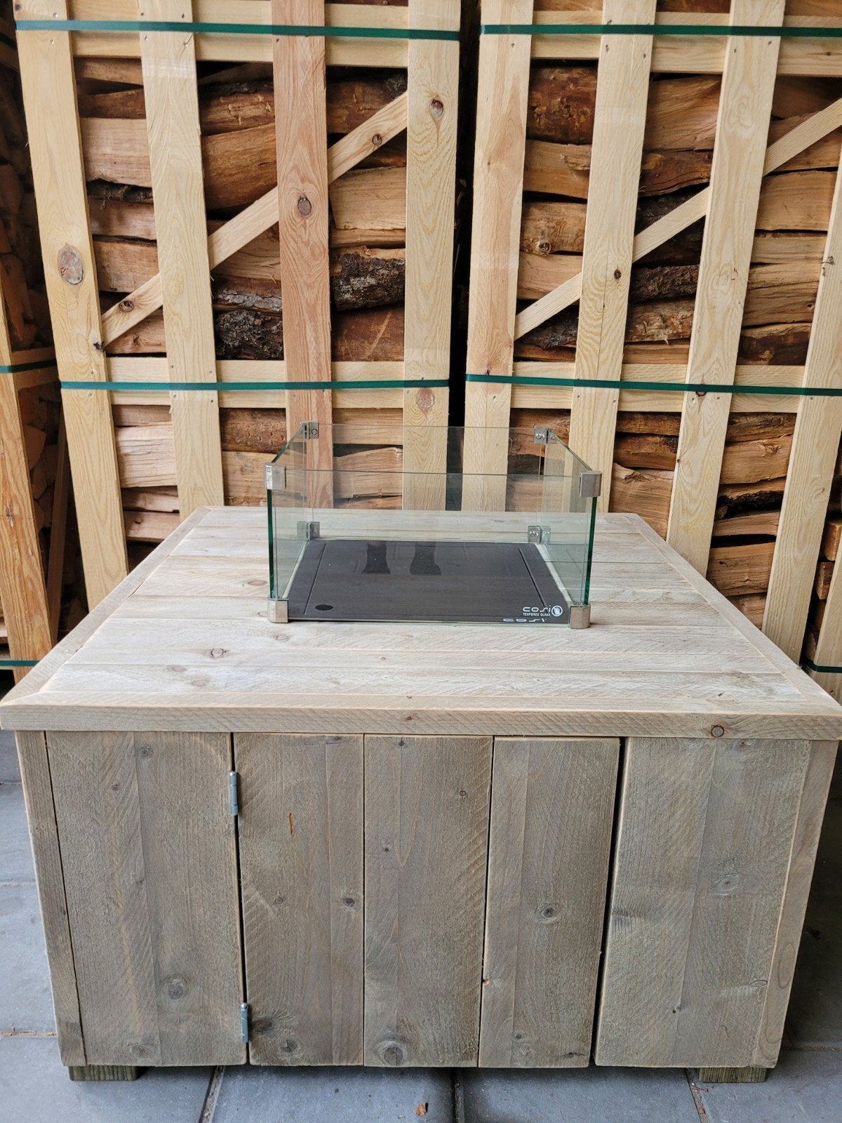 Houten vuurtafel met Cosi gashaard - Zo goed als nieuw, Tuin en Terras, Vuurkorven, Ophalen, Zo goed als nieuw, Vuurkorf