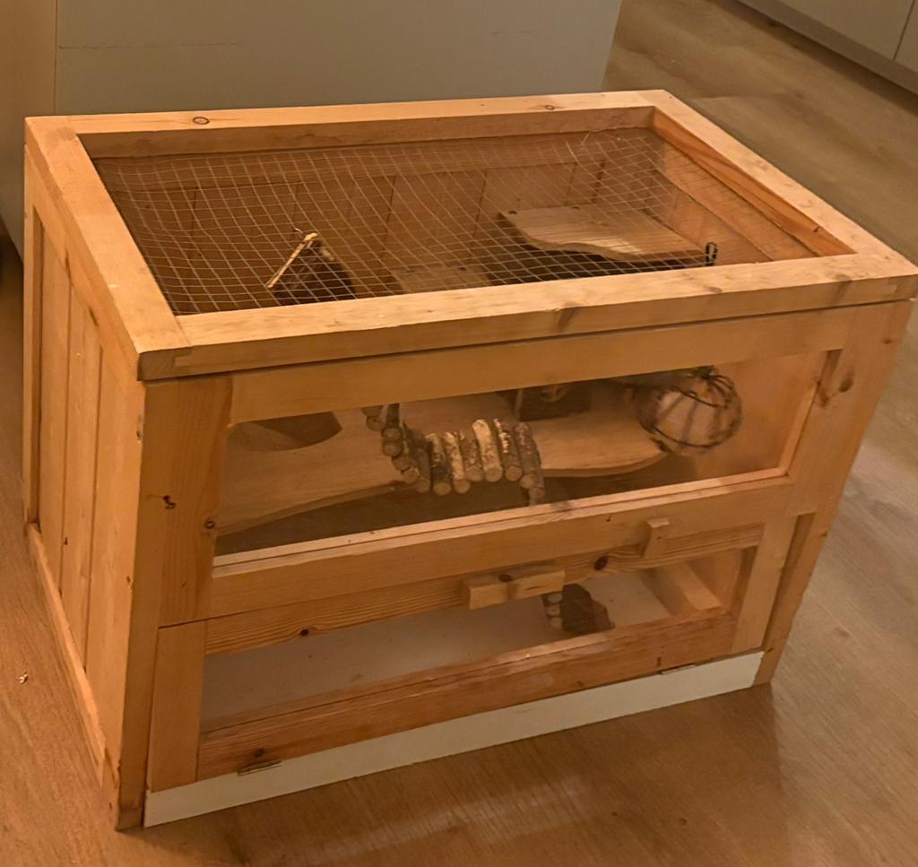 Houten hamsterkooi met glas en extras, Dieren en Toebehoren, Kooi, Minder dan 75 cm, Zo goed als nieuw, Ophalen