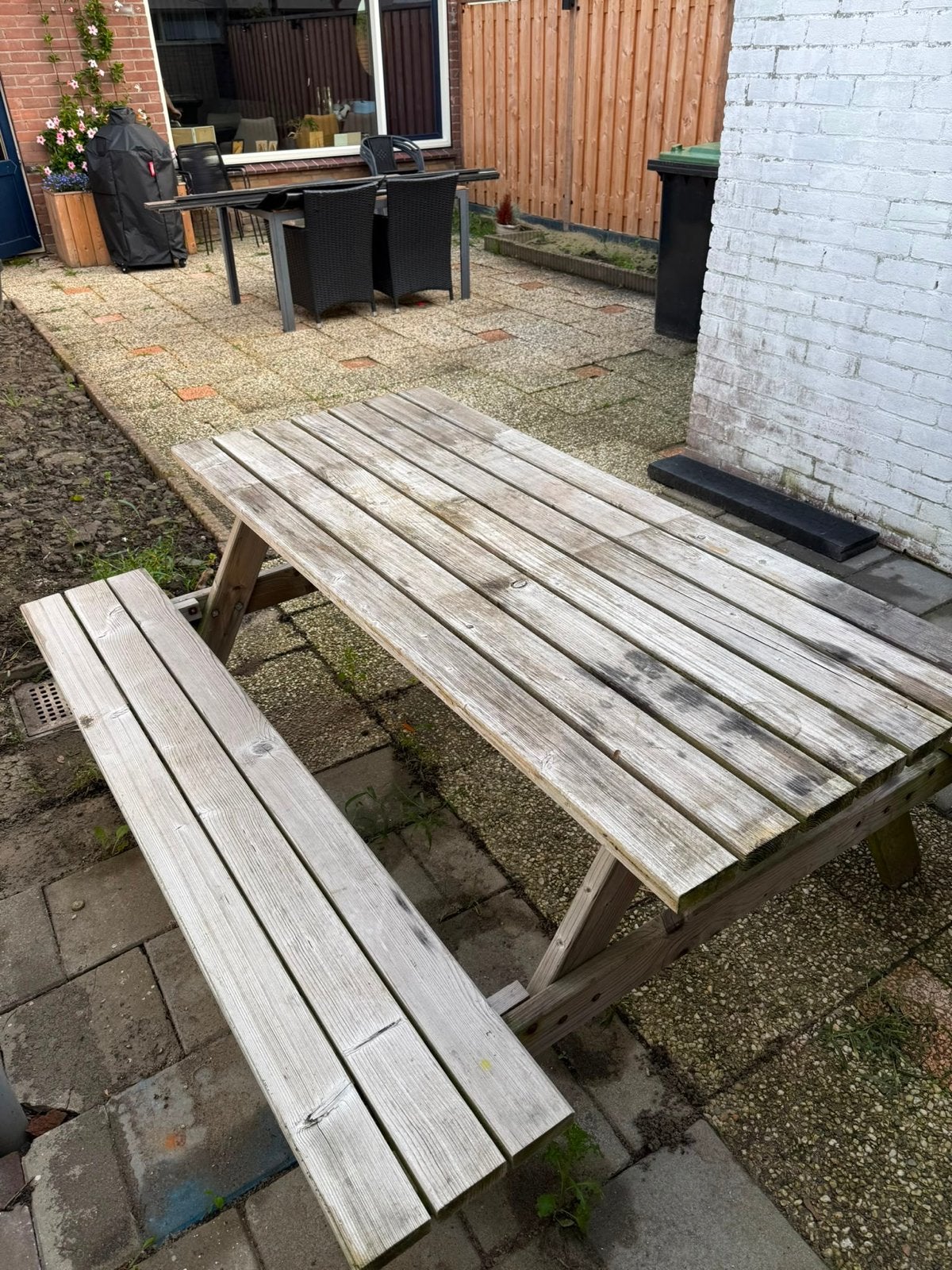 Houten picknicktafel met banken, Tuin en Terras, Ophalen, Gebruikt, Rechthoekig, Hout