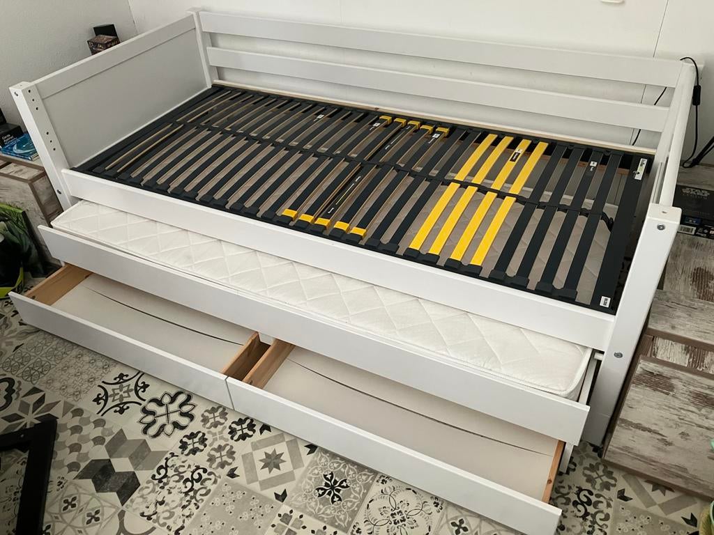 Wit uitschuifbaar bed met opberglades en extra slaapplek, Ophalen, Wit, Tweepersoons, 80 cm