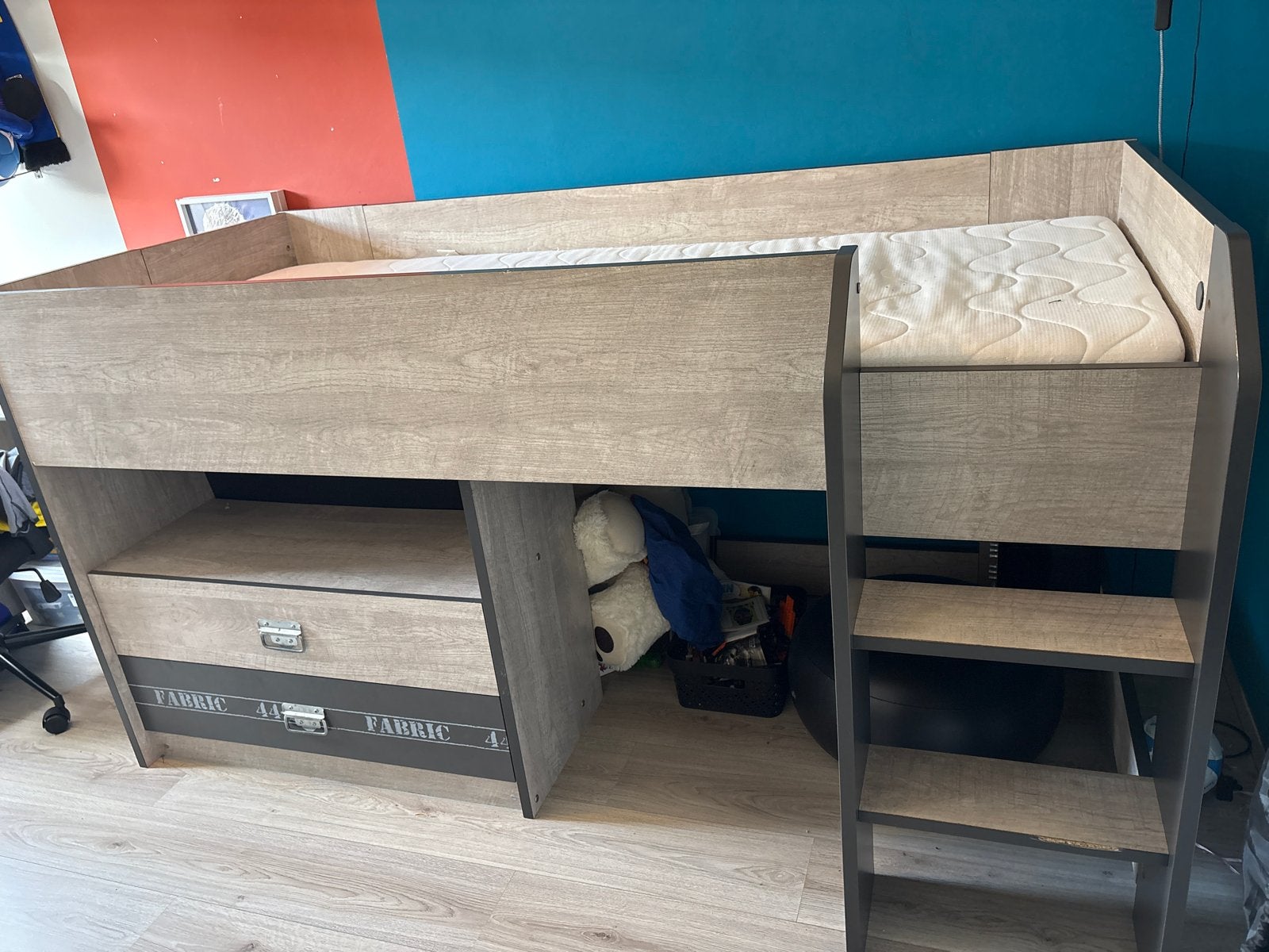 Halfhoogslaper met bureau en opbergruimte, Ophalen, Gebruikt, 90 cm, Eenpersoons
