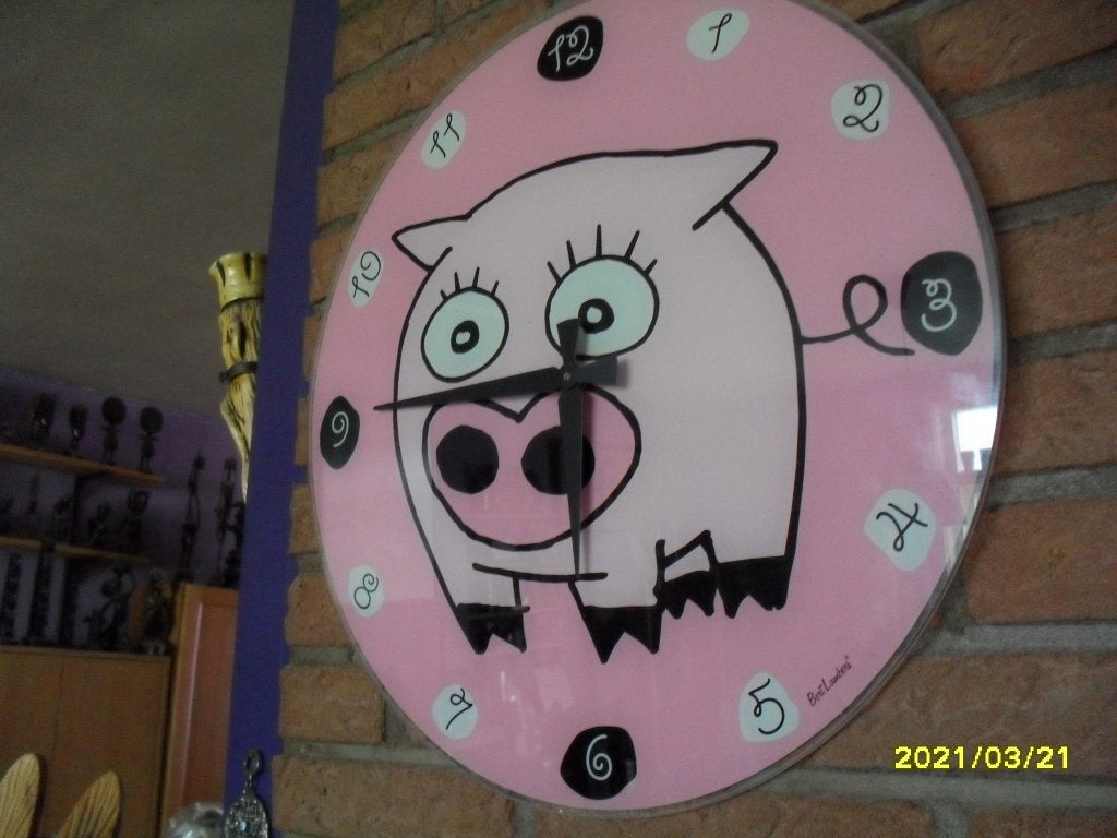 Leuke, GROTE, glazen klok varken. Glasplaat perfecte staat, Ophalen, Wandklok, Analoog, Zo goed als nieuw