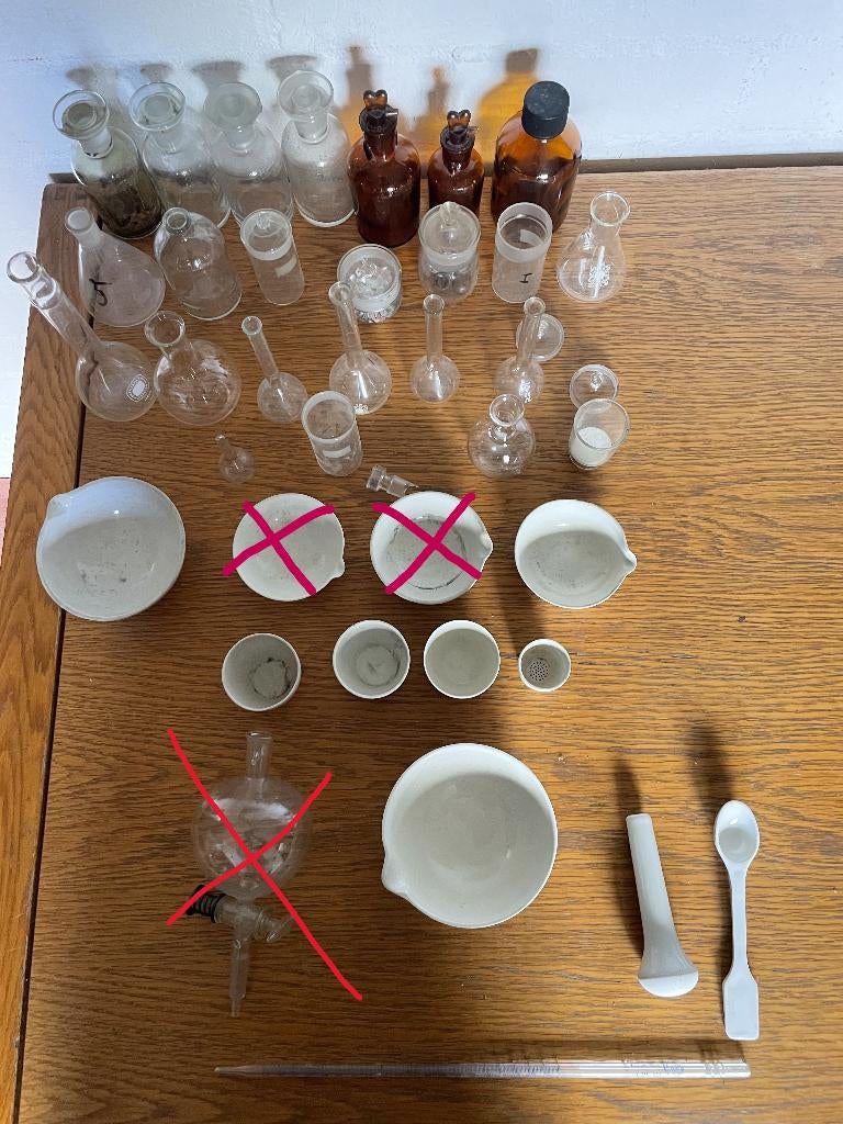 Antiek laboratorium glas+porselein zeer divers, Ophalen of Verzenden