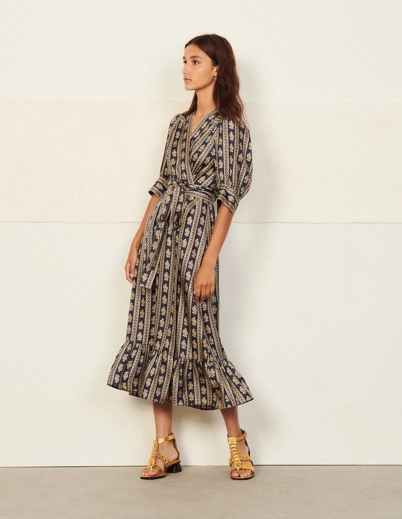Sandro Zijden Maxi Jurk met Print 36, Blauw, Sandro, Ophalen of Verzenden, Zo goed als nieuw