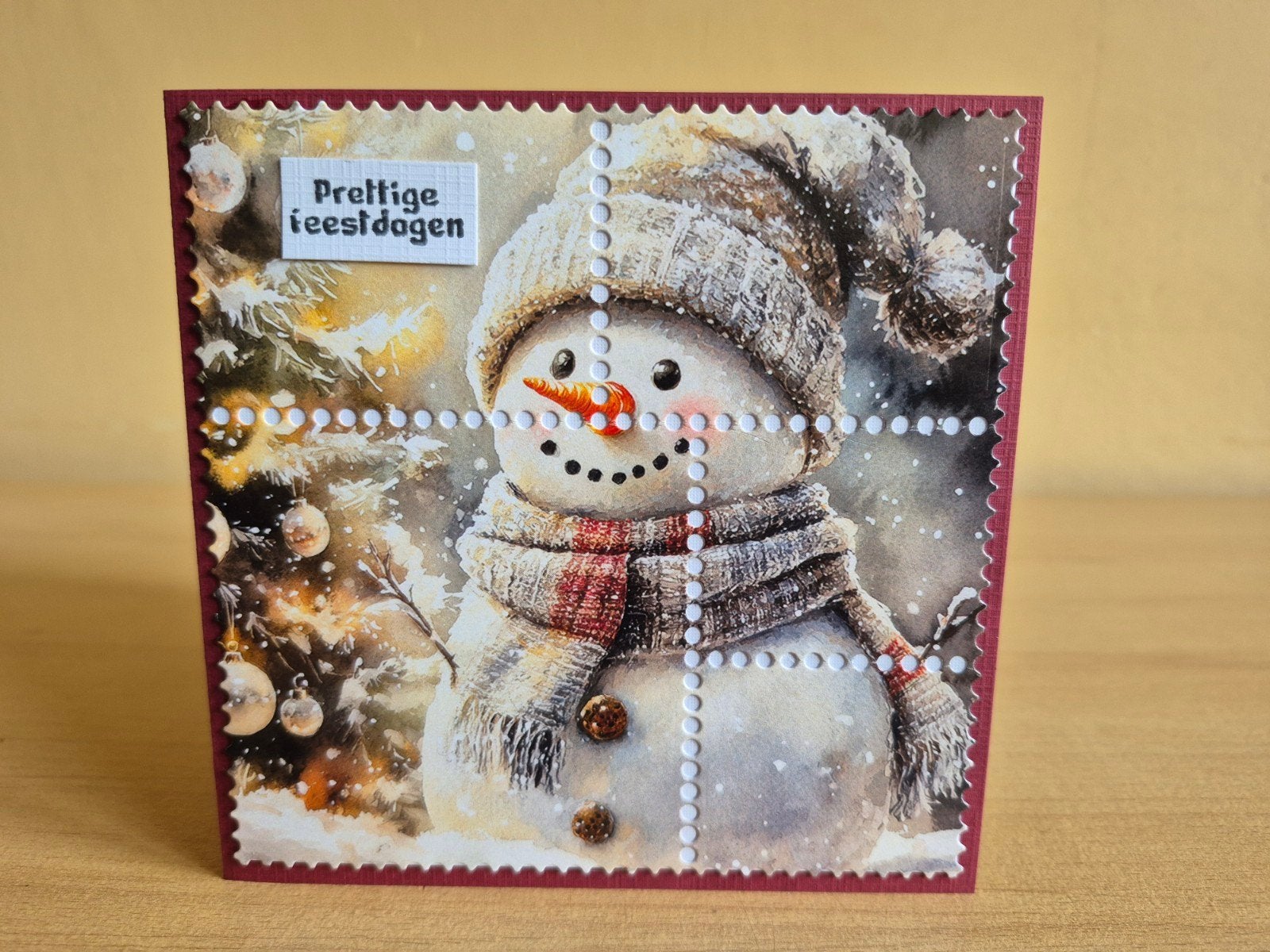485a) zelfgemaakte kaart- postzegel- winter (sneeuwpop), Hobby en Vrije tijd, Ophalen of Verzenden, Nieuw, Kerst
