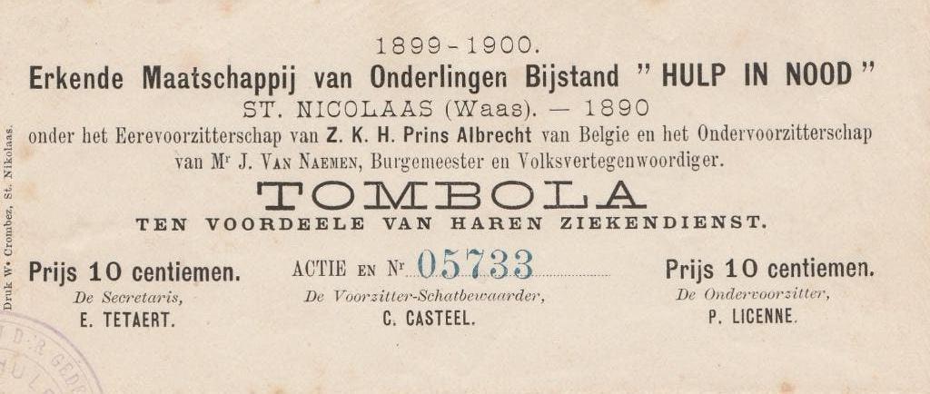 Tombola St.Nicolaas Waas Belgie 1899-1900 10 cents, Ophalen of Verzenden, Gebruikt