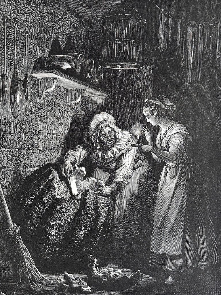 Houtgravure Gustave Doré - Assepoester en de pompoen, Ophalen of Verzenden, 30 cm, 1800 - 1899, 40 cm