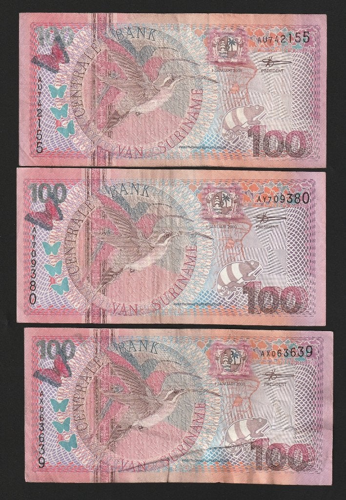 3x 100 gld 2000 suriname omloopbiljetten, Postzegels en Munten, Bankbiljetten | Amerika, Ophalen of Verzenden, Setje