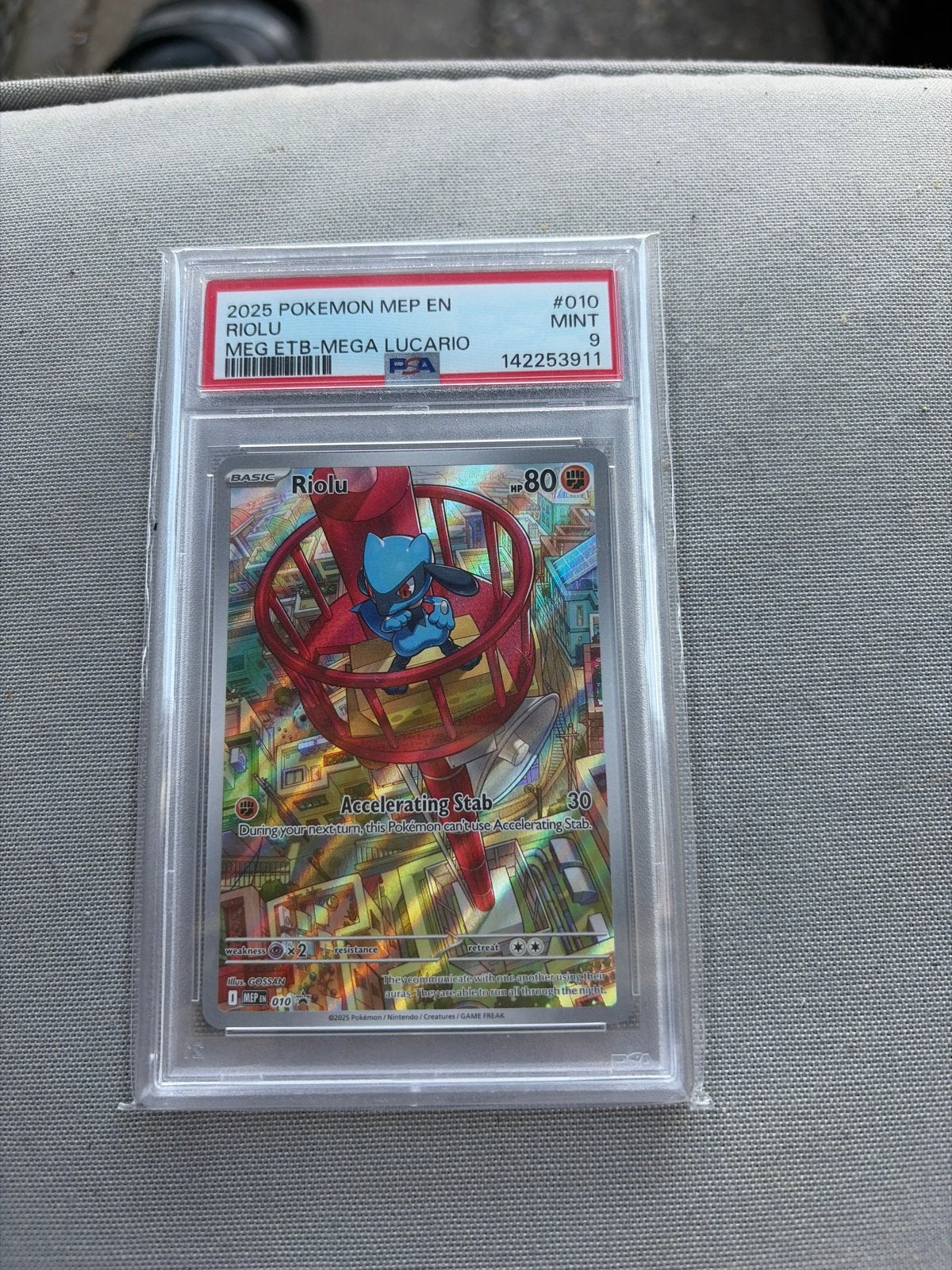 PSA 9 Riolu 2025 Pokemon MEP EN MEG ETB-MEGA LUCARIO, Ophalen of Verzenden, Zo goed als nieuw, Losse kaart
