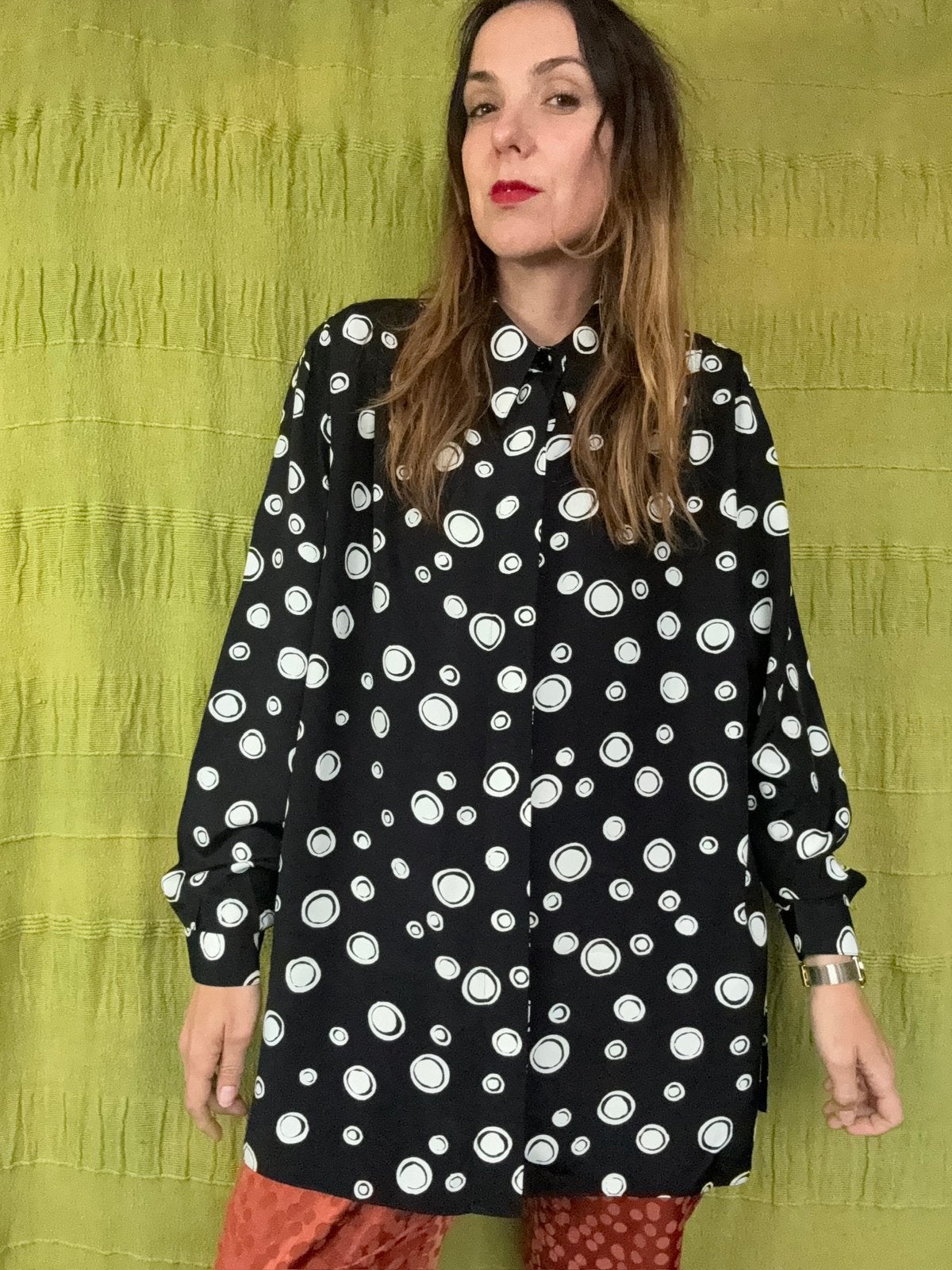 Vintage blouse / shirt- zwart/wit - stippen - 40/L, Maat 38/40 (M), Hgv, Zwart, Hgv