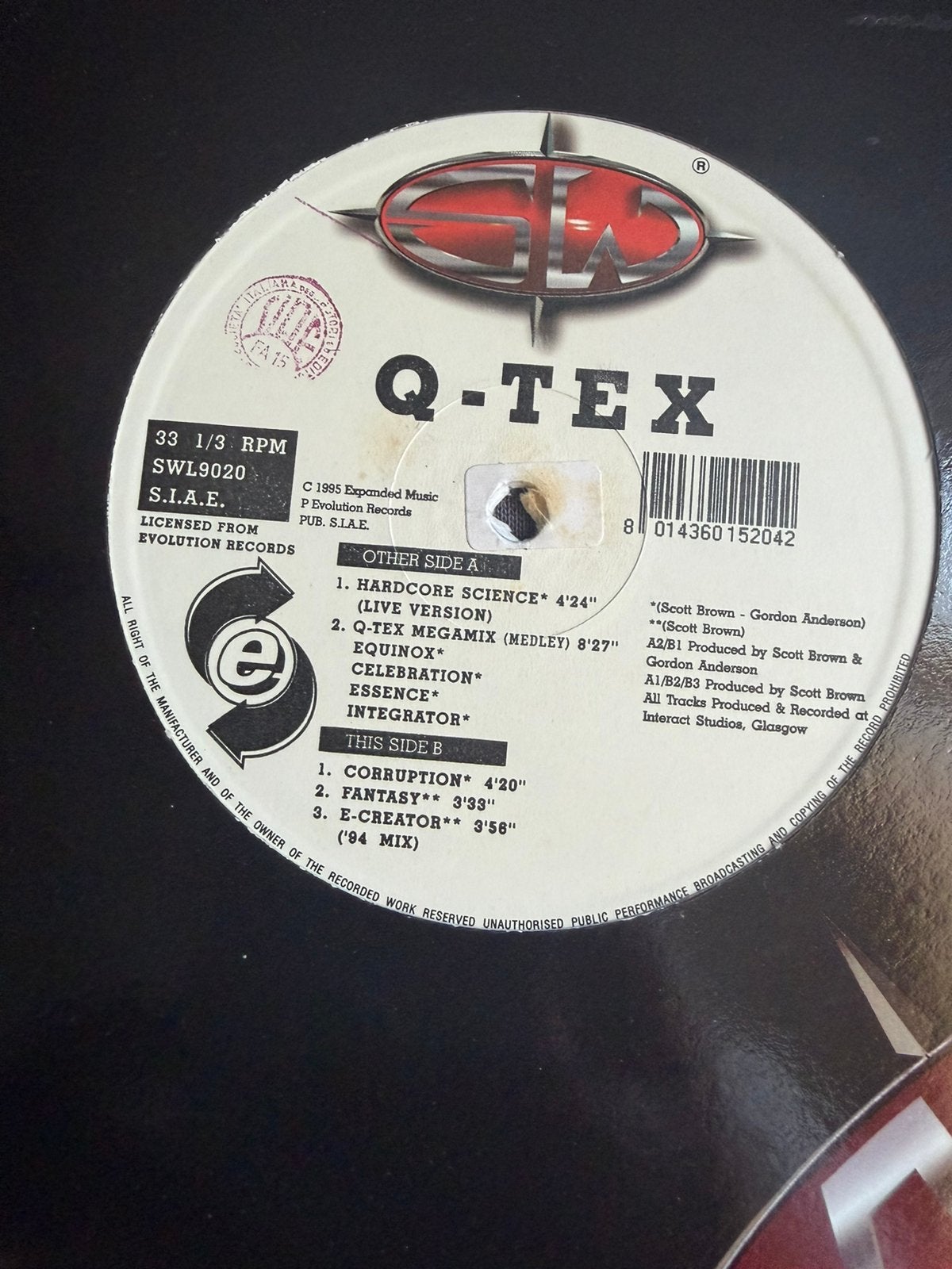 Gabber vinyl Q Tex 1995 Scott Brown, Cd's en Dvd's, Ophalen of Verzenden, Zo goed als nieuw, 12 inch