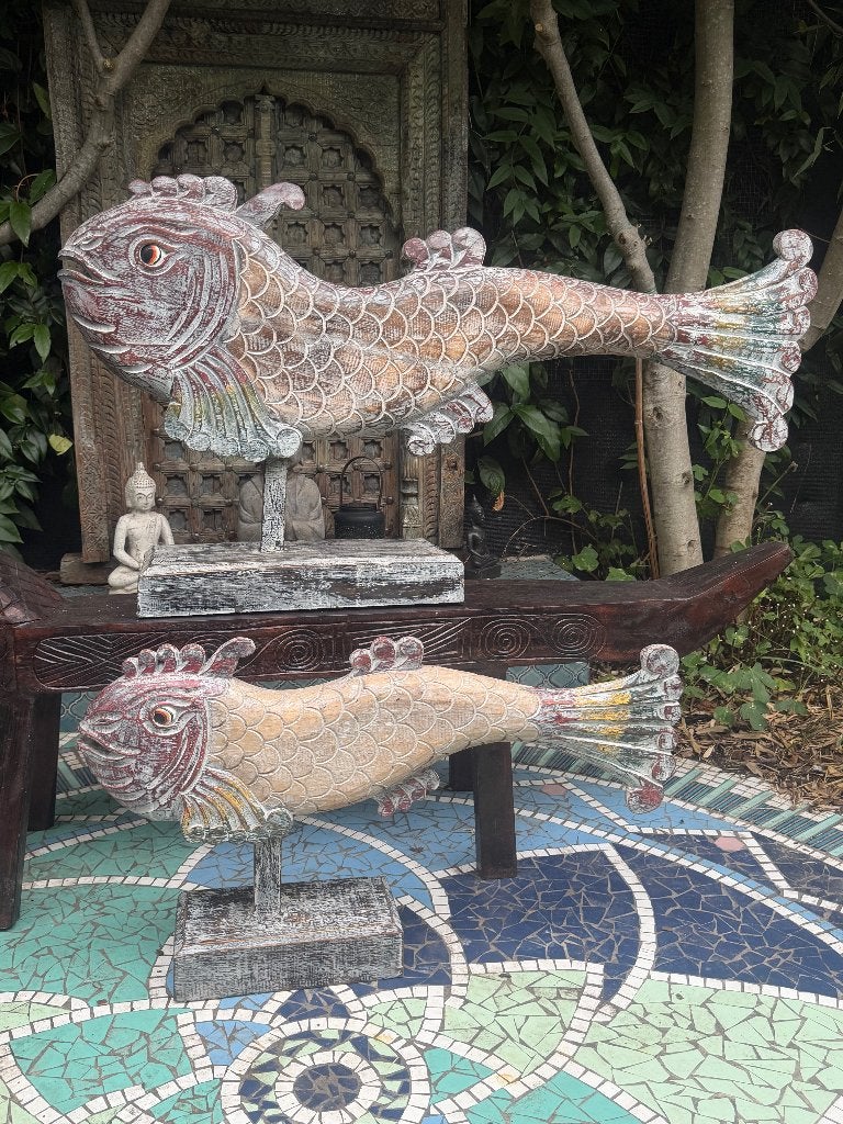Grote vis xxl houtsnijwerk uit Bali Indonesie en xl handwerk, Antiek en Kunst, Kunst | Beelden en Houtsnijwerken, Handgemaakt