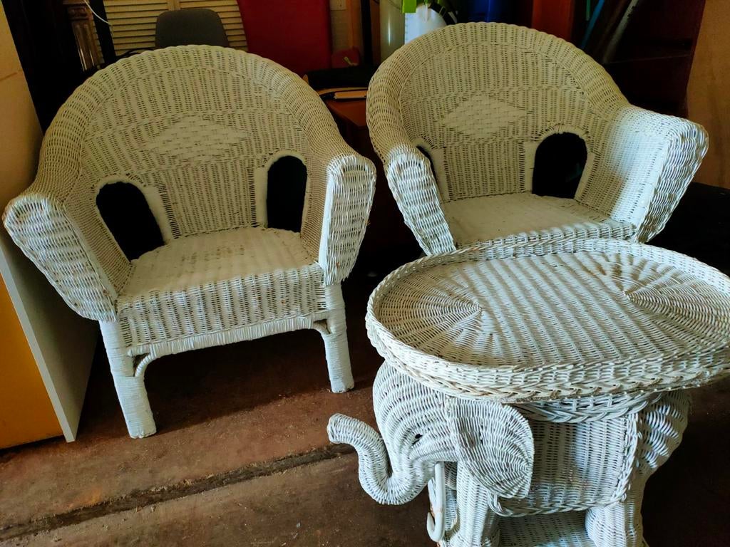 Gezellig zitje: 2 rieten stoelen en olifanten tafeltje, Huis en Inrichting, Stoelen, Ophalen