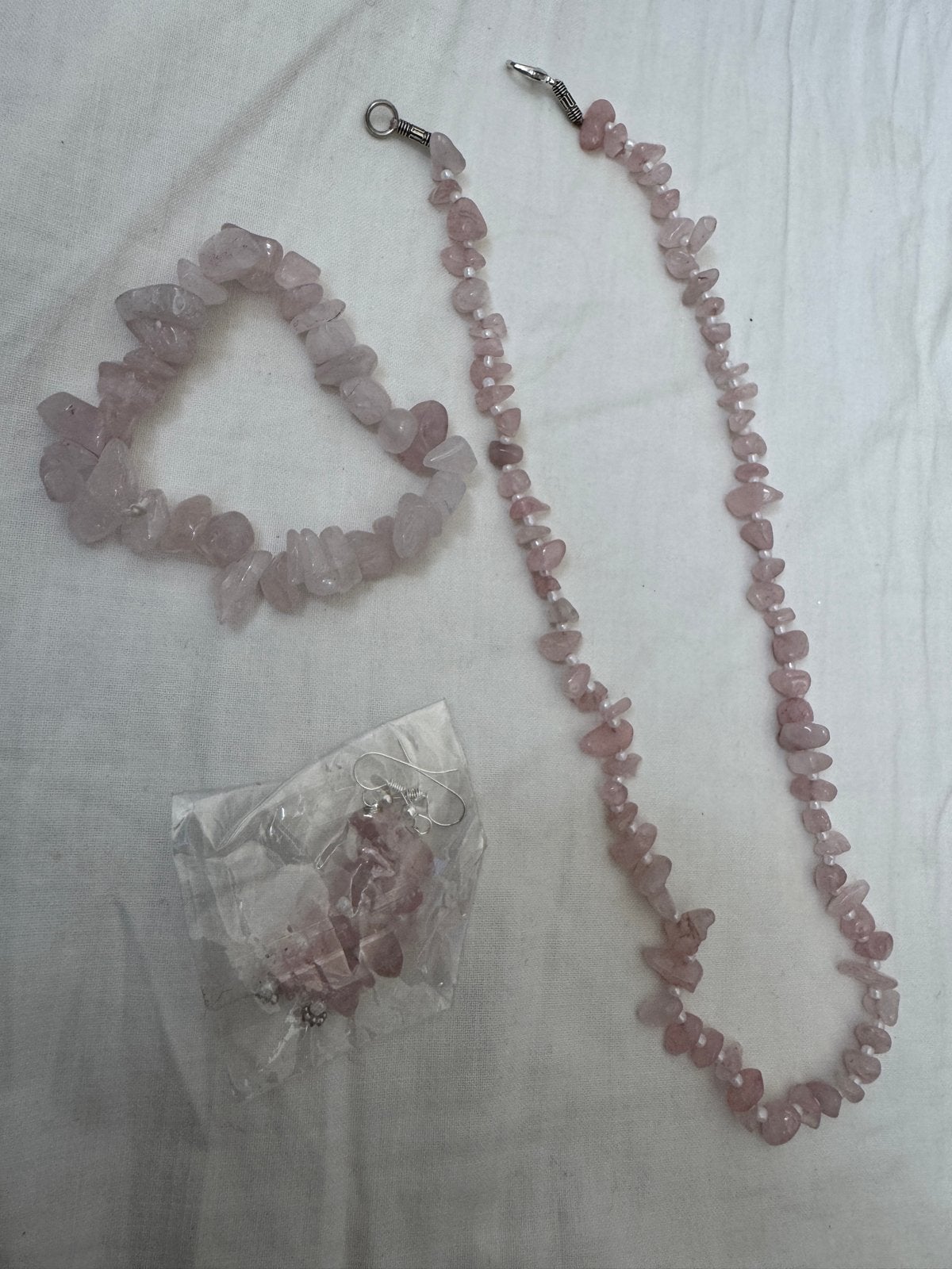 Roze kwarts sieradenset: ketting, armband, oorbellen, Sieraden, Tassen en Uiterlijk, Kettingen, Ophalen of Verzenden, Zo goed als nieuw