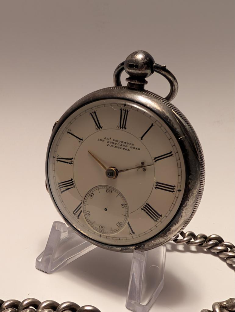 Antiek Zilveren Zakhorloge met Ketting - J.A. Houghton, Ophalen of Verzenden