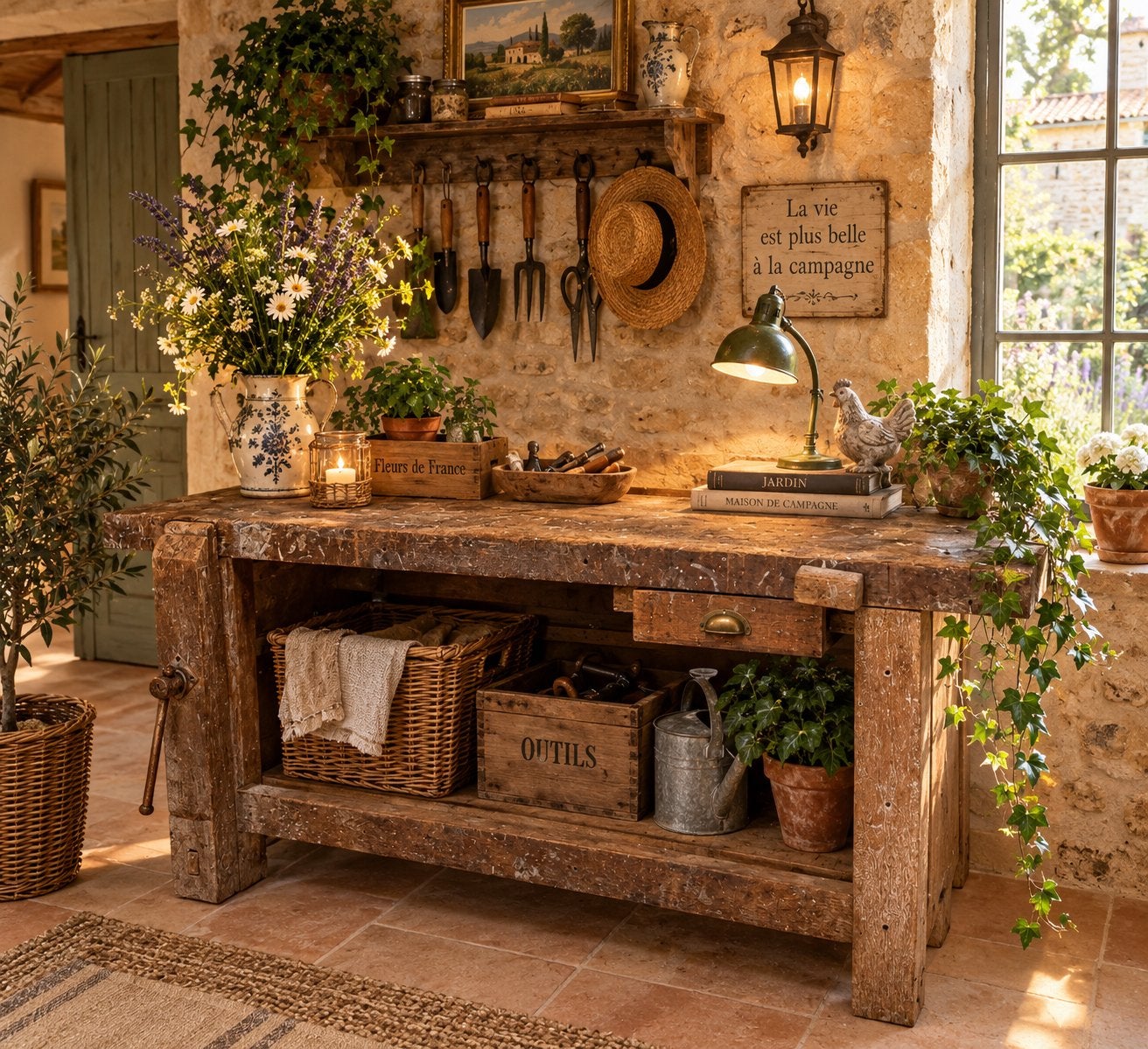 Oude Werkbank uit Franse Hoeve als side-table, Huis en Inrichting, Ophalen, Zo goed als nieuw, 25 tot 50 cm, Rechthoekig