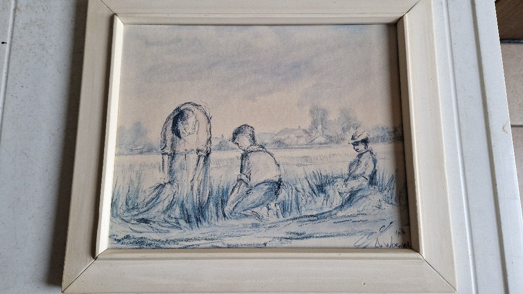 schilderij tekening aquarel ? hooien op land, Minder dan 50 cm, Ophalen of Verzenden, Zo goed als nieuw, Schilderij