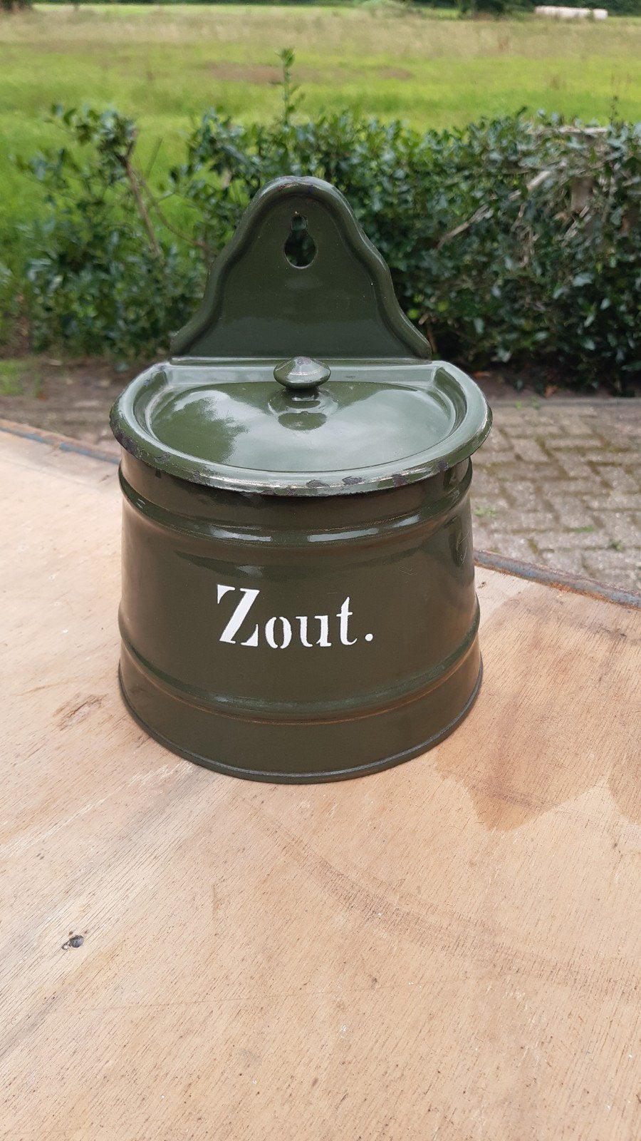 Emaille Zoutpot Donkergroen met bies, Antiek en Kunst, Ophalen of Verzenden
