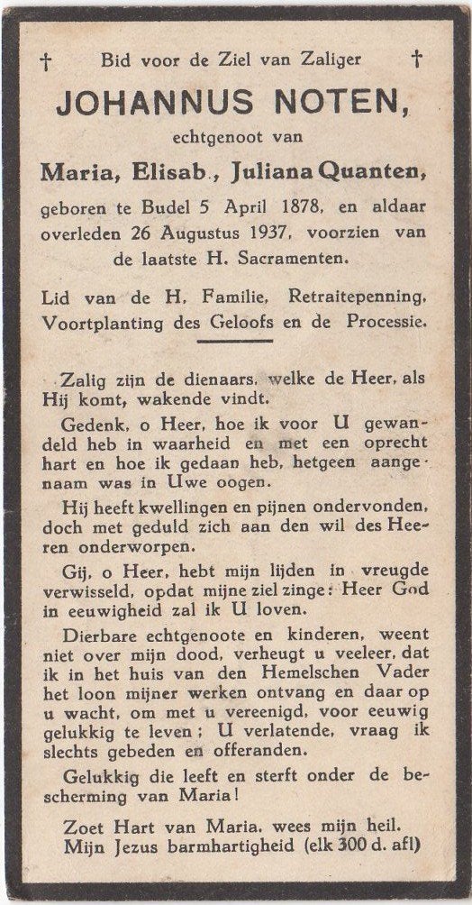 Johannus Noten 1878 Budel + 1937 Budel, 59 jaar oud, Ophalen of Verzenden
