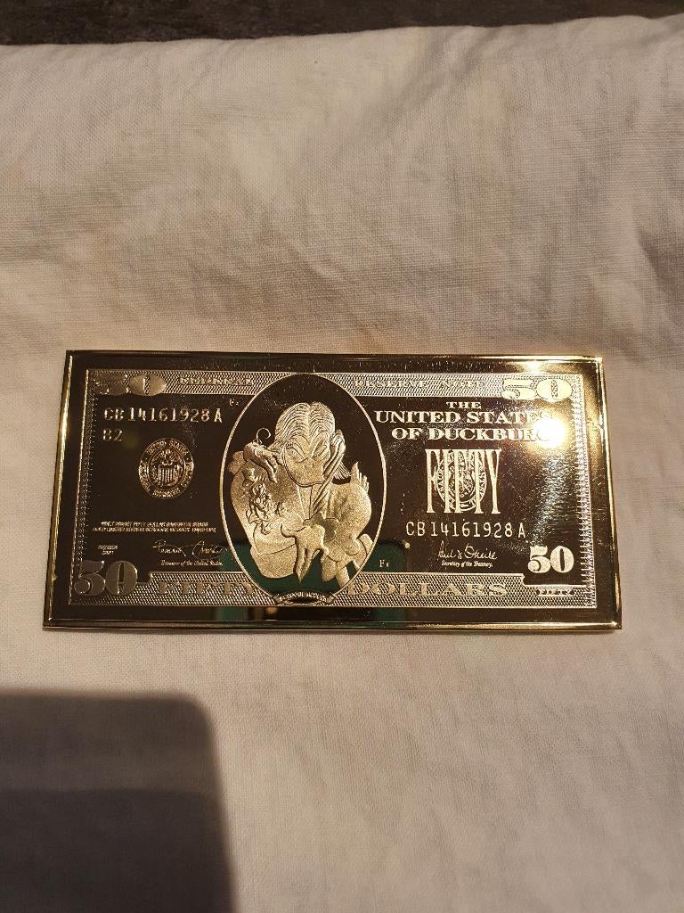 Dagobert Duck Gouden 50 Dollar Biljet Baar Walt Disney 24K V, Verzenden, Donald Duck, Zo goed als nieuw, Overige typen