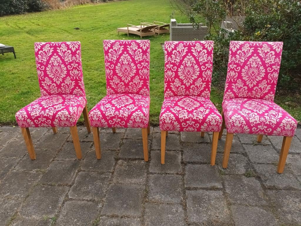 Eetkamerstoelen -met rose stof bekleed gratis, Huis en Inrichting, Stoelen, Ophalen, Gebruikt, Overige kleuren, Vier