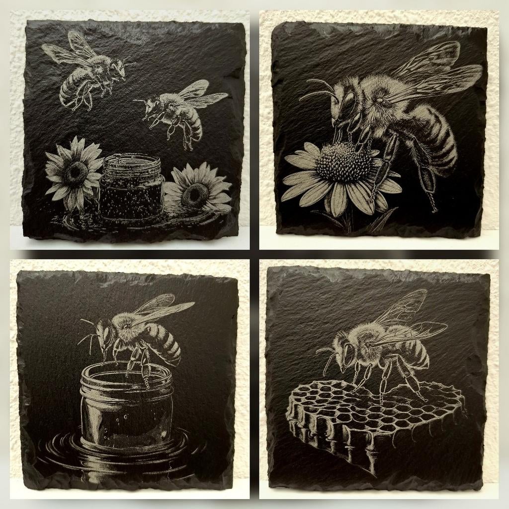 Set van 4 leisteen onderzetters 10x10 cm Inclusief houder, Ophalen of Verzenden, Nieuw, Glas of Kopje