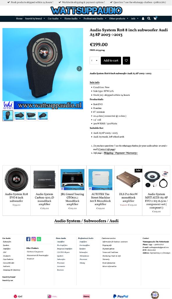 Audio System R08 8 inch subwoofer Audi A3 8P 2003->2013, Info@optimount.nl, Nieuw, Ophalen of Verzenden, Anholtseweg 48A 7091 HB DINXPERLO