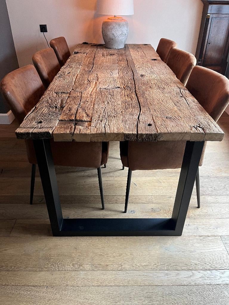 Tafel van Frans eiken wagondelen, Huis en Inrichting, Tafels | Eettafels, Ophalen, Landelijk/Industrieel, Eikenhout, 200 cm of meer