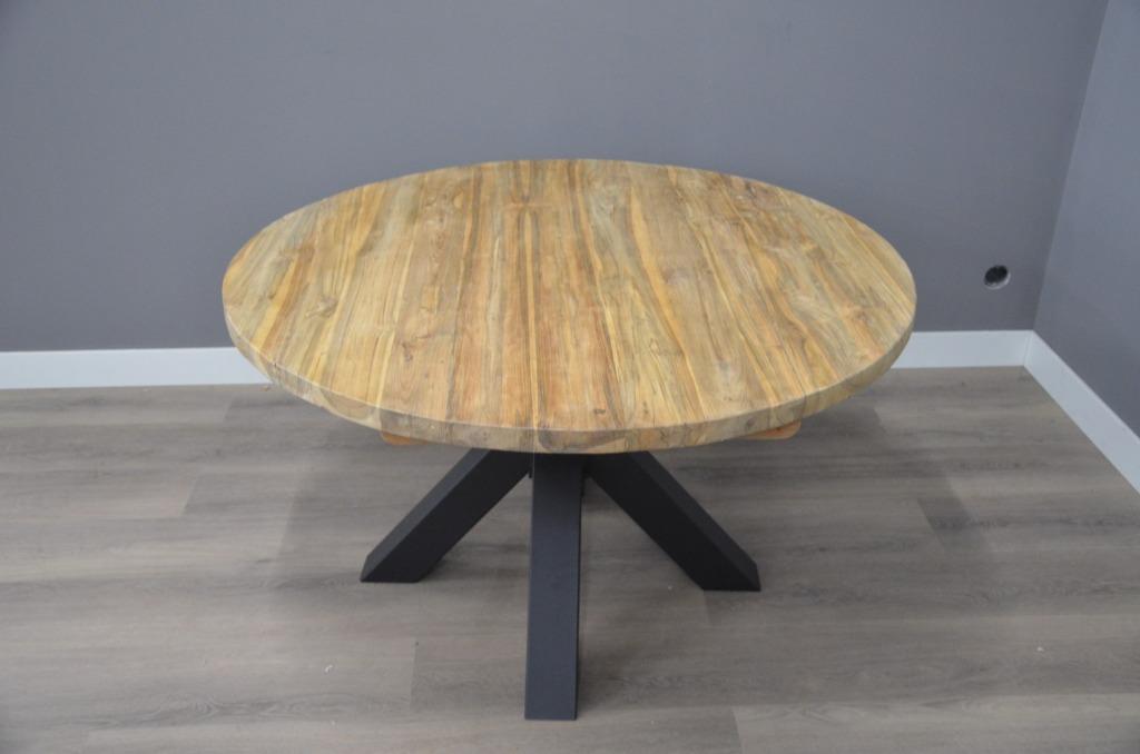 Ronde teak eettafel 130 cm doorsnede licht geborsteld, Nieuw, Ophalen of Verzenden, 100 tot 150 cm, 100 tot 150 cm