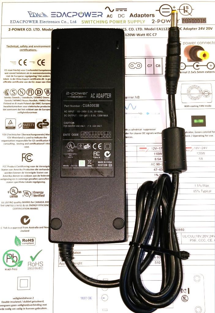 2-Power EDAC EA1122 19.5V 8A 20V 6A 24V 120W Adapter 2.5x5.5, Ophalen of Verzenden, Refurbished