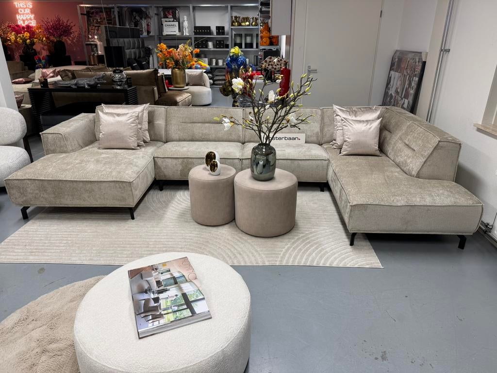 Luxe Velvet Teddy U-bank Lotte 160x385x200cm Beige Sand NEW, Huis en Inrichting, Oosterbaan, Info@oosterbaanwonen.nl, Venus 31 8448CE Heerenveen