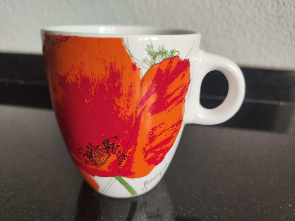 Kleurrijke senseo mok Jennique klaproos, Ophalen of Verzenden, Zo goed als nieuw, Overige stijlen, Kop(pen) en/of Schotel(s)