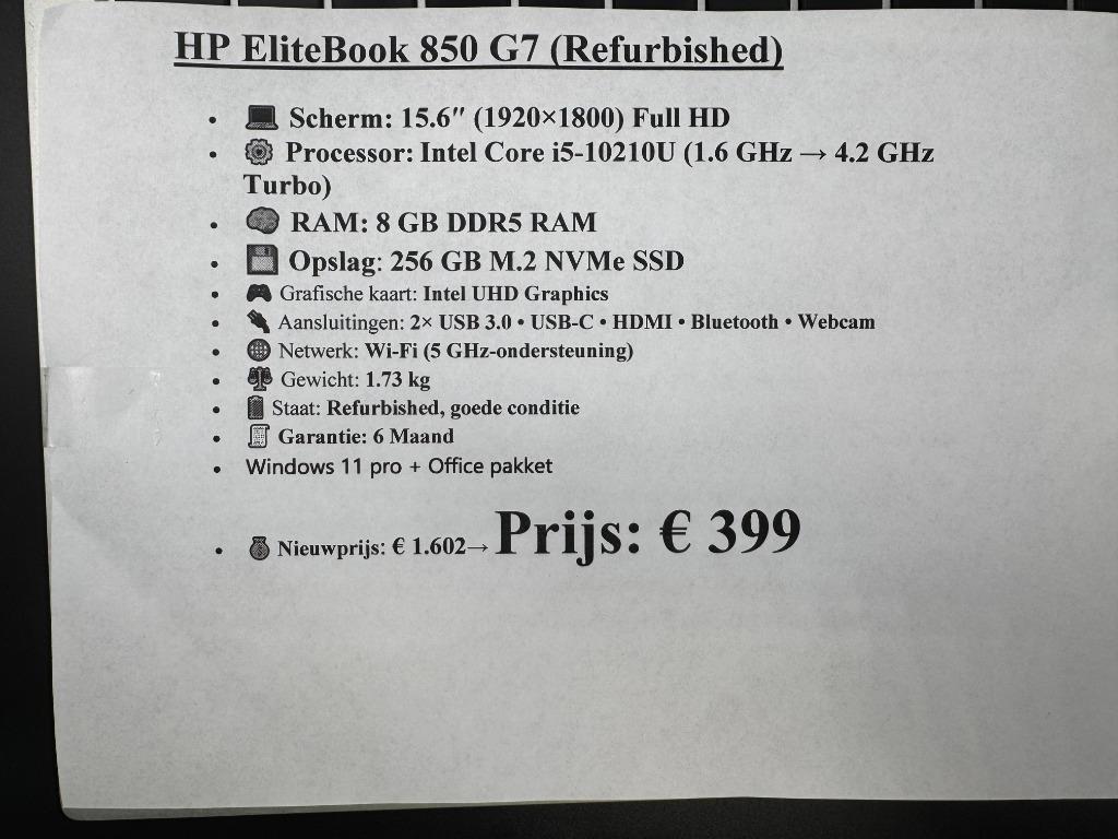 HP Elitebook 850 G7 Laptop -Zo goed als nieuw met oplader!, Computers en Software, 256 GB, Met videokaart, 2 tot 3 Ghz, Qwerty