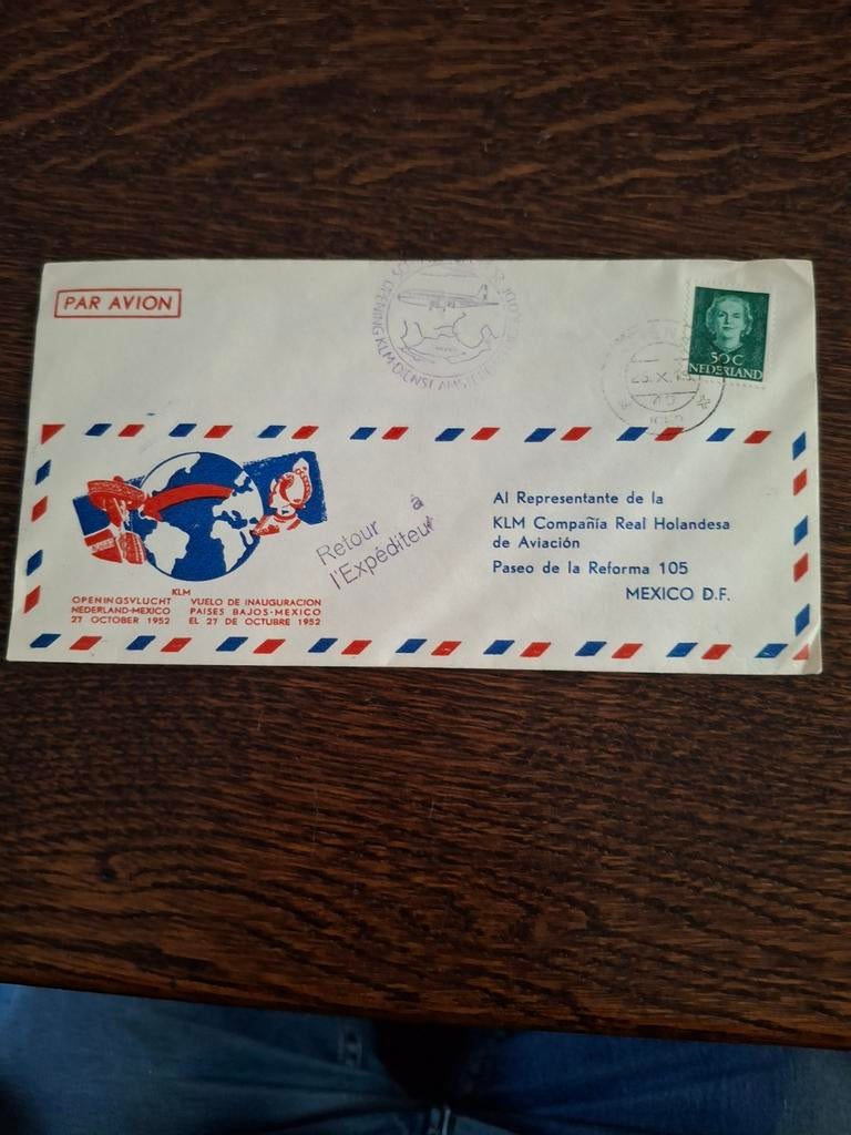 Oude KLM Envelop uit 1952 - Inauguratievlucht, Postzegels en Munten, Brieven en Enveloppen | Buitenland, Ophalen of Verzenden