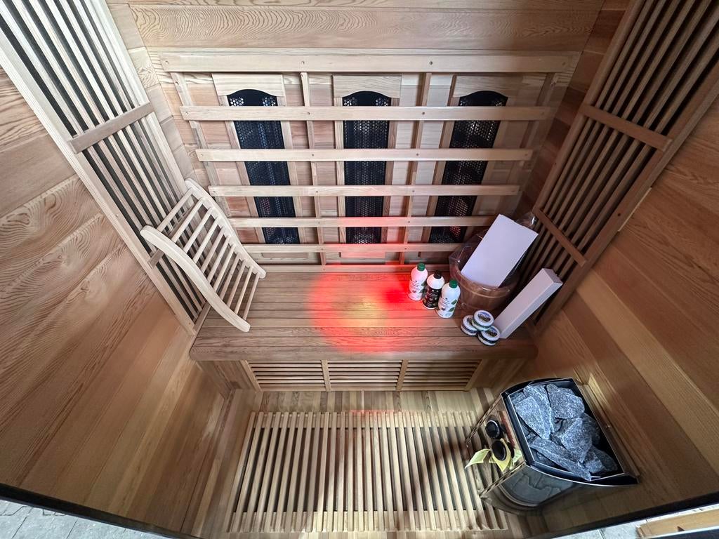 COMBI SAUNA INFRAROOD MET OPGIETKACHEL GRATIS BEZORGD! 🚚, Ophalen of Verzenden, Zo goed als nieuw, Fins of Traditioneel, Complete sauna