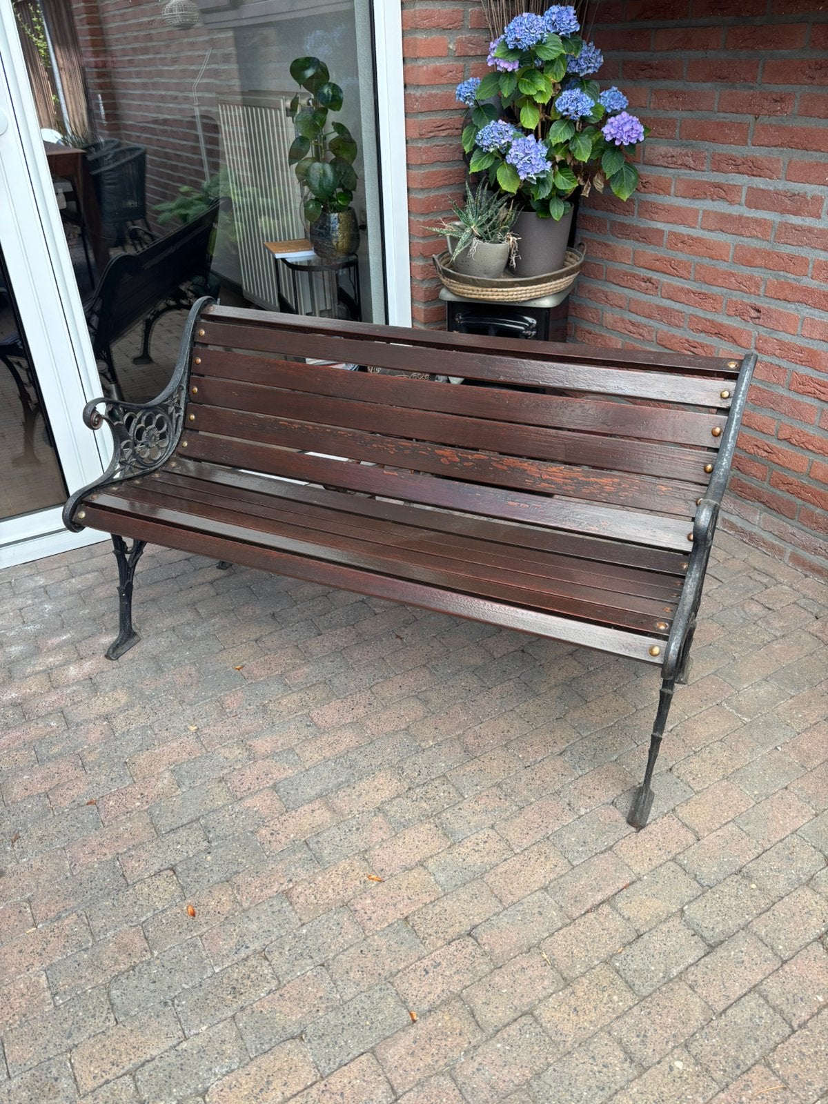 Tuinbank hardhout met gietijzer 125 cm breed, Tuin en Terras, Ophalen, Gebruikt, Hout