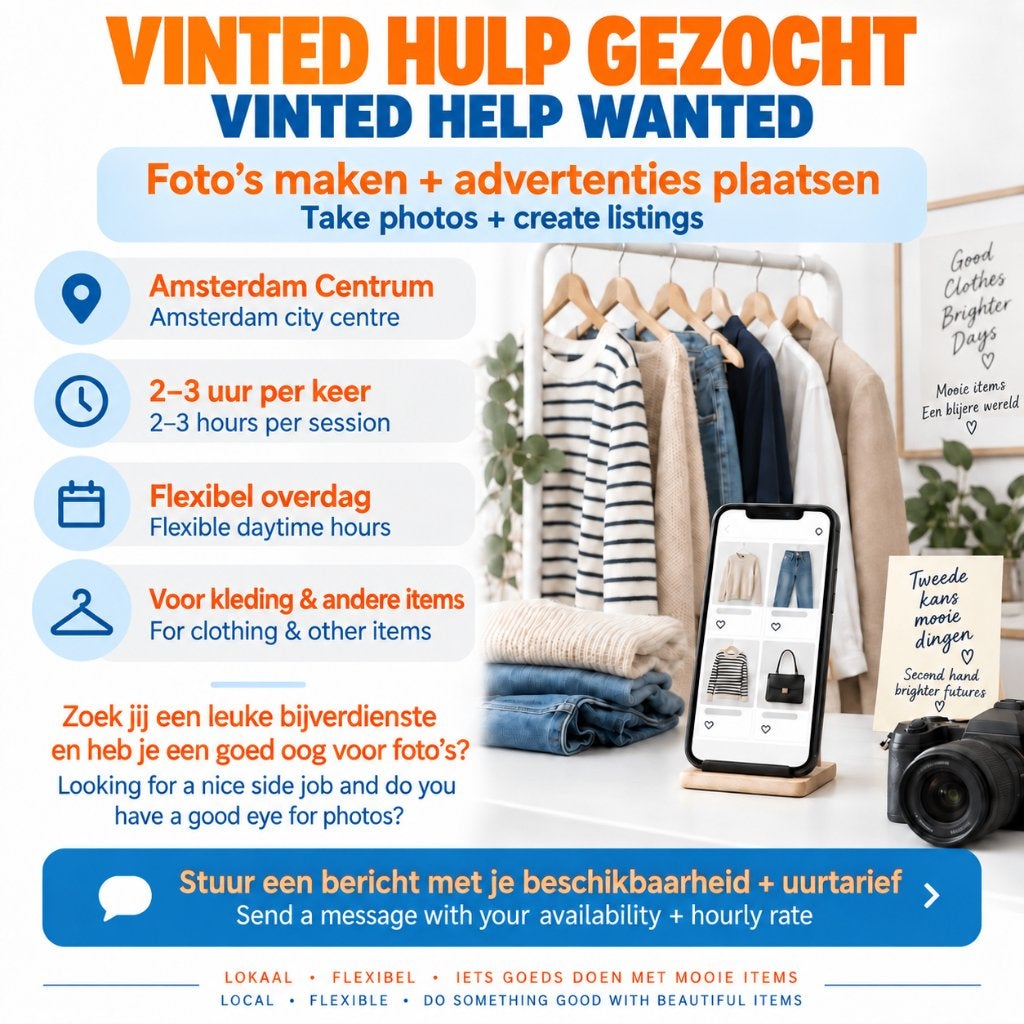 Hulp gezocht voor Vinted – foto’s maken & advertenties, Starter, Overige vormen, Overige niveaus, Geschikt als bijbaan