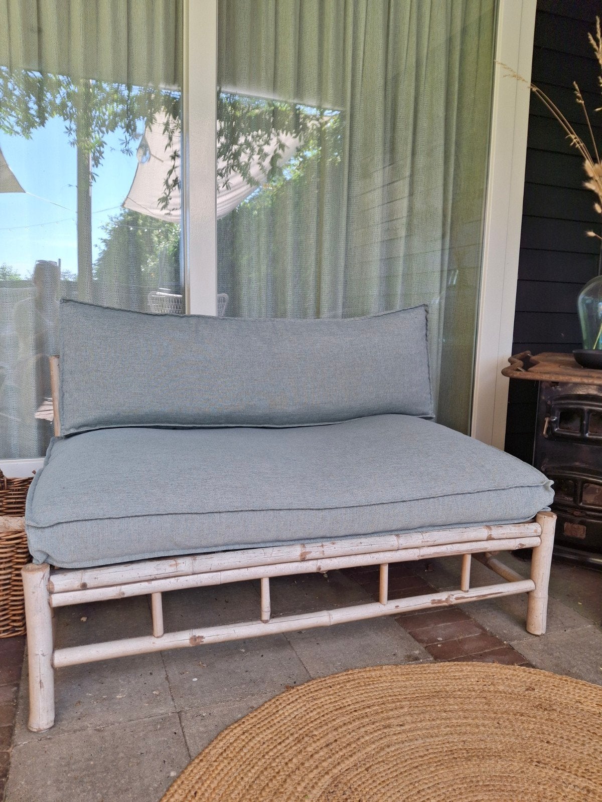2 Bamboe loungebanken met kussens, Tuin en Terras, Tuinbanken, Ophalen, Rotan