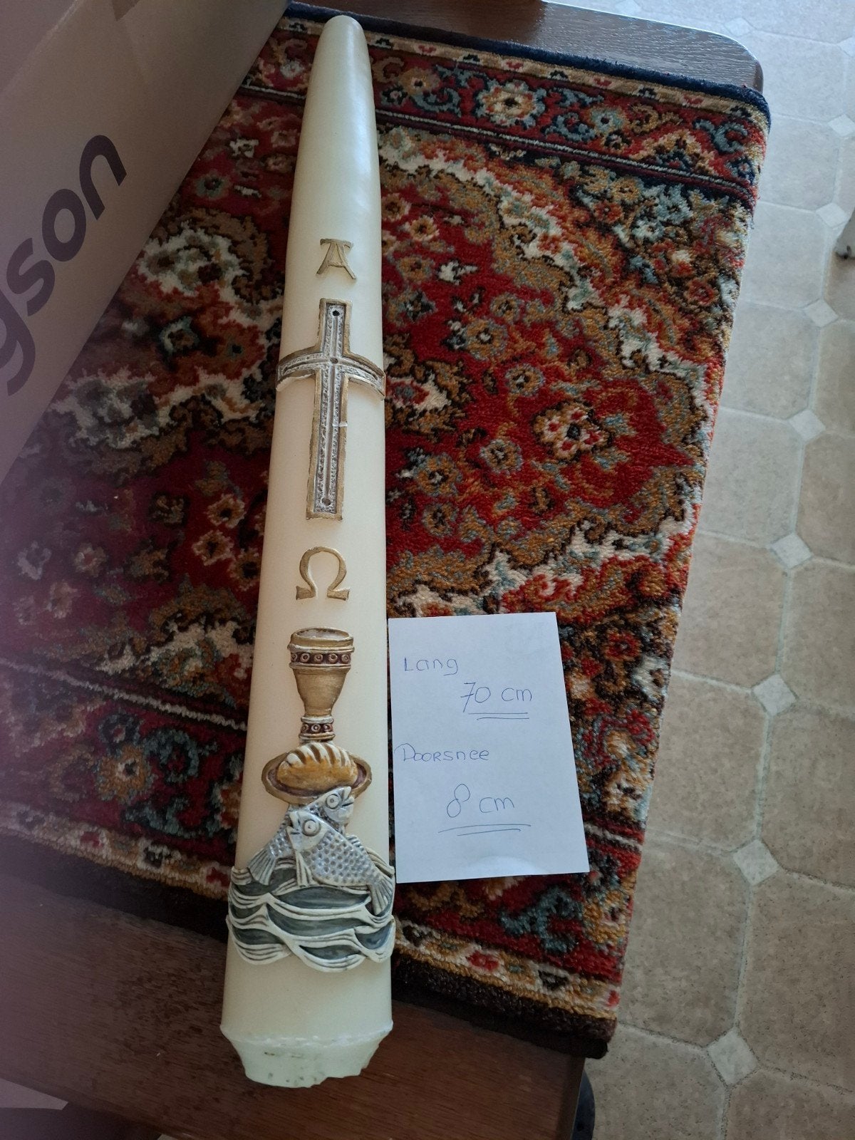 Grote kerkkaars met religieuze symbolen - 70 cm, Antiek en Kunst, Ophalen of Verzenden