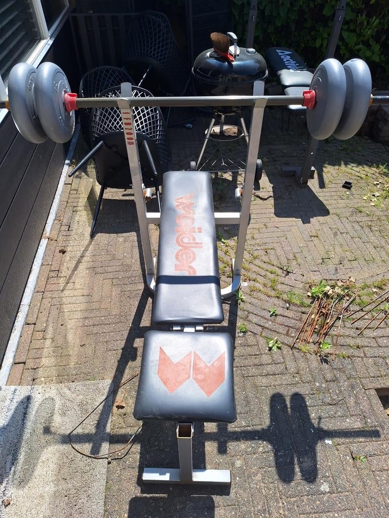 Halter/fitness bankje inclusief stang en gewichten, Sport en Fitness, Fitnessmaterialen, Ophalen of Verzenden, Gebruikt, Rug, Fitnessbank