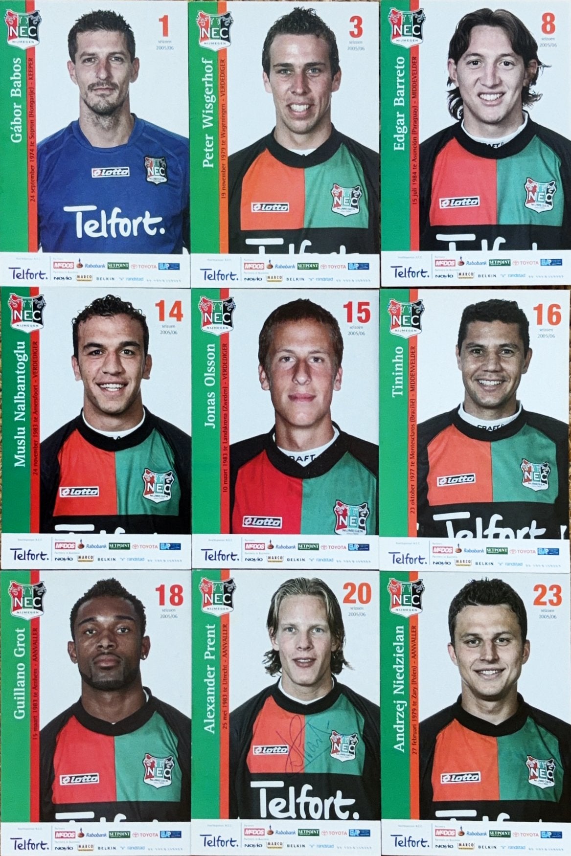 9 Spelerskaarten NEC Nijmegen - seizoen 2005/2006, Verzenden, Zo goed als nieuw, Feyenoord, Spelerskaart