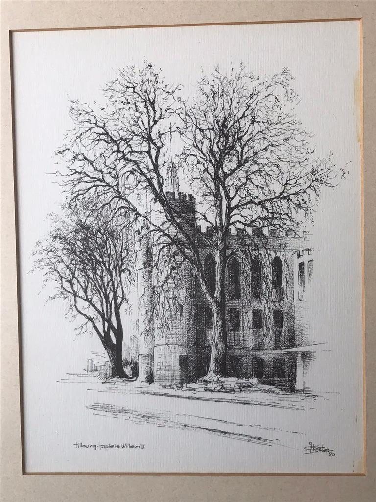 Tilburg paleis Willem II tekening Kees Koster, Antiek en Kunst, Kunst | Tekeningen en Foto's, Ophalen of Verzenden