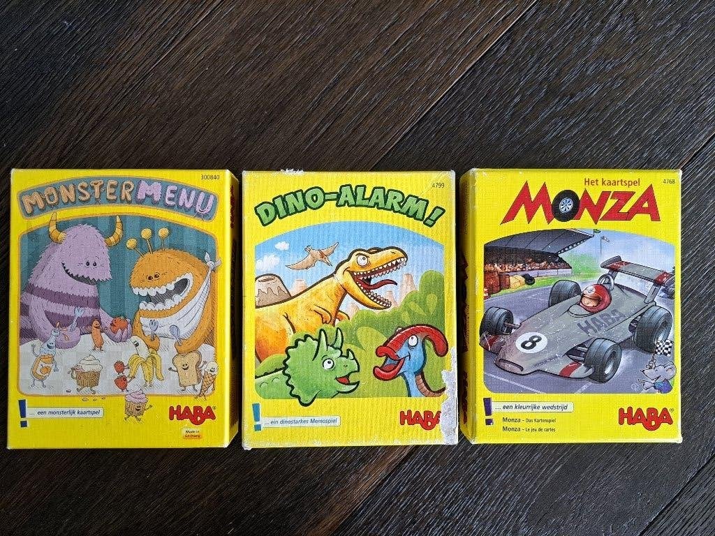 3x Haba spellen: dino-alarm, monster menu, monza, Ophalen of Verzenden, Gebruikt