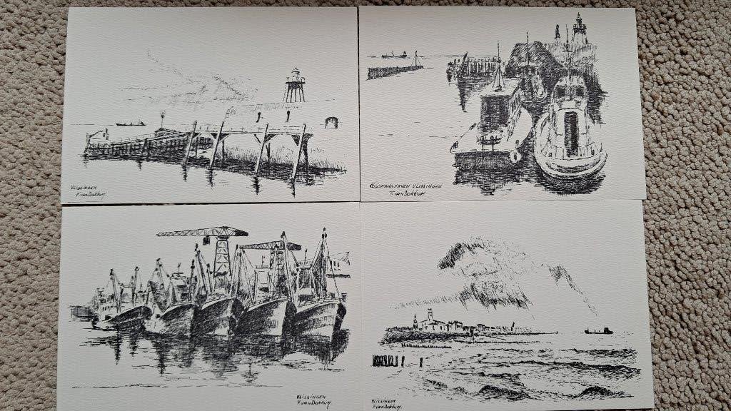 Vlissingen ansichtkaart 4 tekeningen F van Dokkum, Ophalen of Verzenden, 1960 tot 1980, Ongelopen, Zeeland