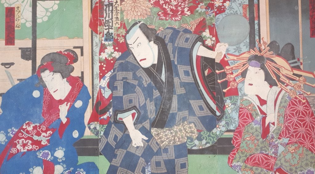 Japanse Houtblok Prenten Triptiek Kunichika  Kabuki 19e Eeuw, Antiek en Kunst, Kunst | Niet-Westerse kunst, Natuurlijk materiaal
